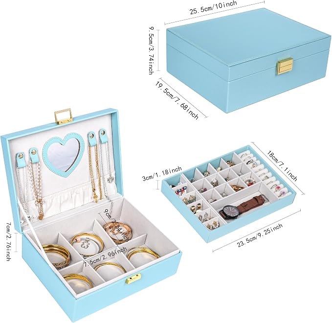 Dajasan Jewelry Box for Teenage Girl Gifts, Jewelry Organizer Box for Little Girls Kids, 2-Layer Large Jewelry Gift Box for Christmas, Valentine's Day, Birthday, Mother's Day (Blue) - Image 2