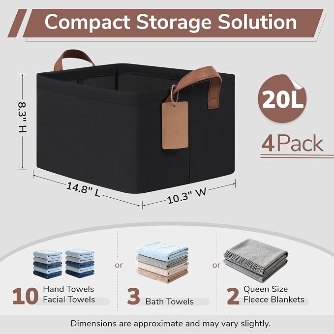 CHICVITA 4 Pack Storage Baskets for Shelves, Collapsible Fabric Closet Storage Bins with Metal Frame, Towel Organizer for Living Room, 14.8" x 10.3" x 8.3", Black - Image 3