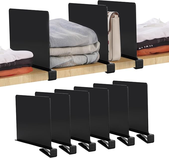 JOY DECOR 6 Pack Acrylic Matte Black Shelf Dividers for Closets Organizer and Storage Adjustable Vertical Wood Shelf Closet Separators for Clothes,Book,Bags in Bedroom and Kitchen by JOY+DECOR