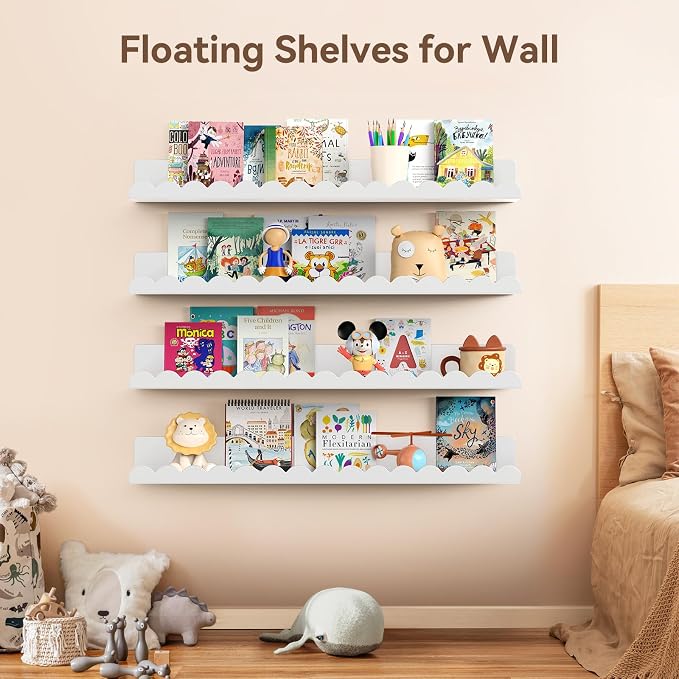 Floating Shelves for Wall, 23 Inch Metal Nursery Book Shelves 4 Pack, Wall Mounted Book Shelf for Kids Room, Bedroom, Bathroom, Playroom Decor （White） - Image 5