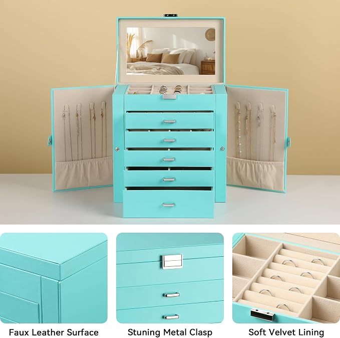 Frebeauty Large Jewelry Box,6-Tier PU Leather Jewelry Organizer,Multi-functional Storage Case with Mirror,Accessories Holder with 5 Drawers for Necklace Bracelets Watches(Turquoise) - Image 4