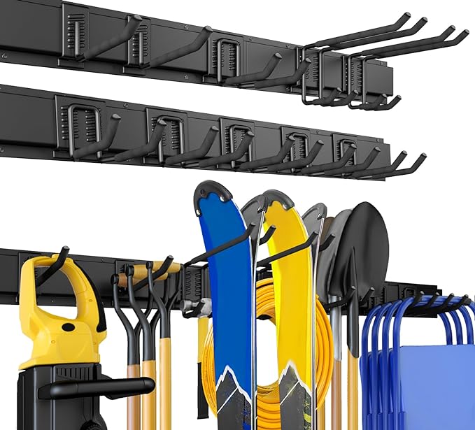 64 Inches Garage Storage, UUP Garage Organization Wall Mount Garden Tool Organizer, 620lbs Adjustable Metal Hooks, Yard Shed Rail Rack, Lawn Tool Holder for Hanging Rake Broom Mop Snowboard, Home Gift by UUP