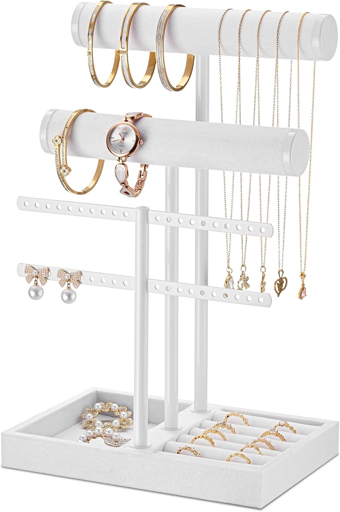 bussdis 3 Tier Bracelet Holder Display - Detachable T Bar Pure White Velvet Bracelet Holder, Jewelry Holder Organizer for Bracelet, Necklace, Earrings, Rings by BUSSDIS