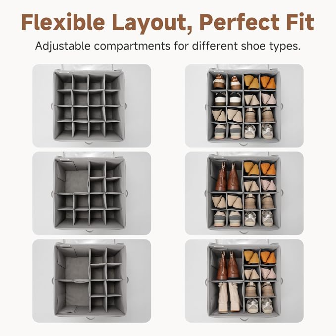 StorageWorks 2 Pack Shoe Organizer for Closet, Foldable Shoe Storage Box with Adjustable Dividers, Fabric Shoe Boxes Organizer for 32 Pairs, Closet Organizers and Storage Bin for Boots, Sneakers, Grey - Image 2