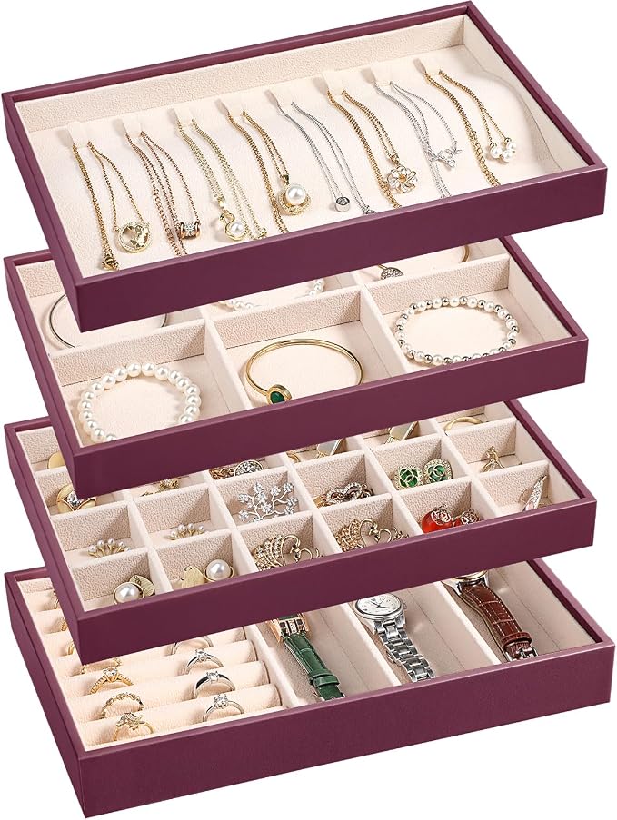 LANDICI Stackable Jewelry Organizer Trays 4 Set,PU Leather Jewelry Organizer Drawer,Jewelry Storage Display Tray for Earring Necklace Rings Bracelet with Removable Dividers,Purple by LANDICI