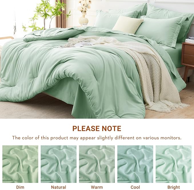 MUXHOMO 5 Pieces Twin XL Comforter Set, Soft Bed in a Bag Twin XL Size, All Season Bedding Set with Comforter, Flat Sheet, Fitted Sheet, Pillowcases & Shams, Sage Green
