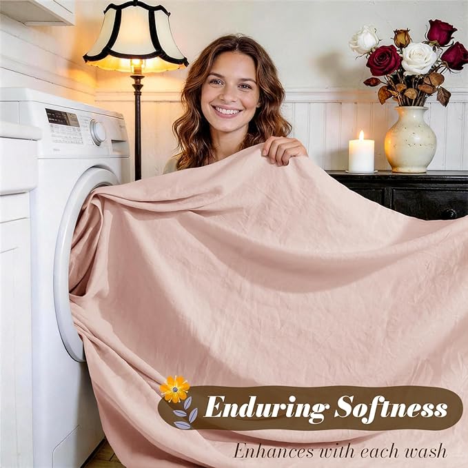 SONORO KATE 100% French Pure Linen Sheets, Breathable and Durable Linen Queen Size Sheets, Anti-Tear Linen Bed Sheets, Machine Washable, 16 Inch Deep Pocket - 4 Piece (Pink)