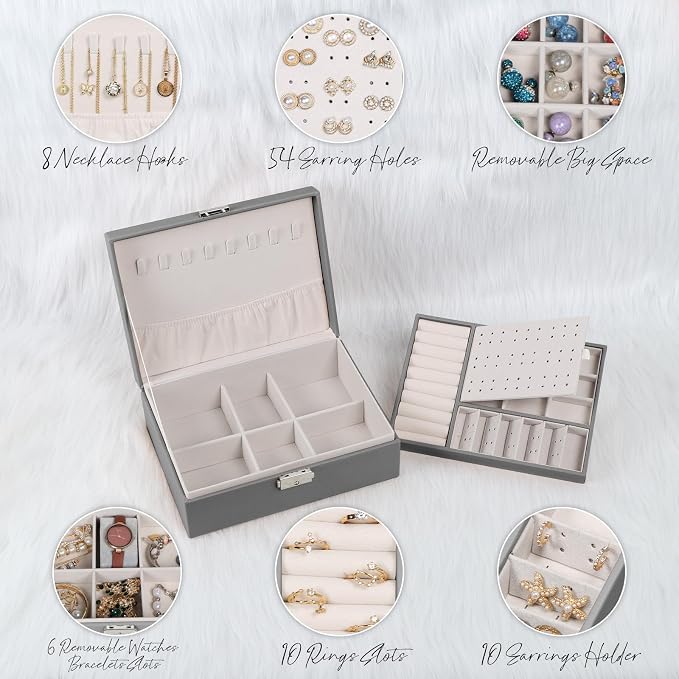 Jewelry Box for Women Girls, 2 Layers Jewelry Organizer Container with Lock, PU Leather Storage Case with Removable Tray, Jewelry Display Box for Necklaces Earrings Bracelets Rings Watches (Grey) - Image 3