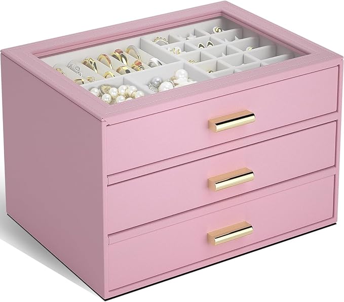 AKOZLIN Jewelry Box with Clear Lid Functional Leather Jewelry Storage Organizer Case 3 Drawers for Women Girls Necklace Ring Bracelet Earring by AKOZLIN