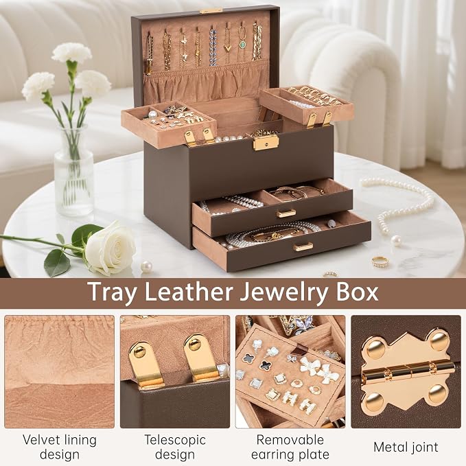 AKOZLIN Travel Jewelry Box Organizer Functional 2-trays Leather Jewelry Storage Case with Lockable Portable 2 Drawers for Women Girls Ring Necklace Earring Bracelet - Image 3