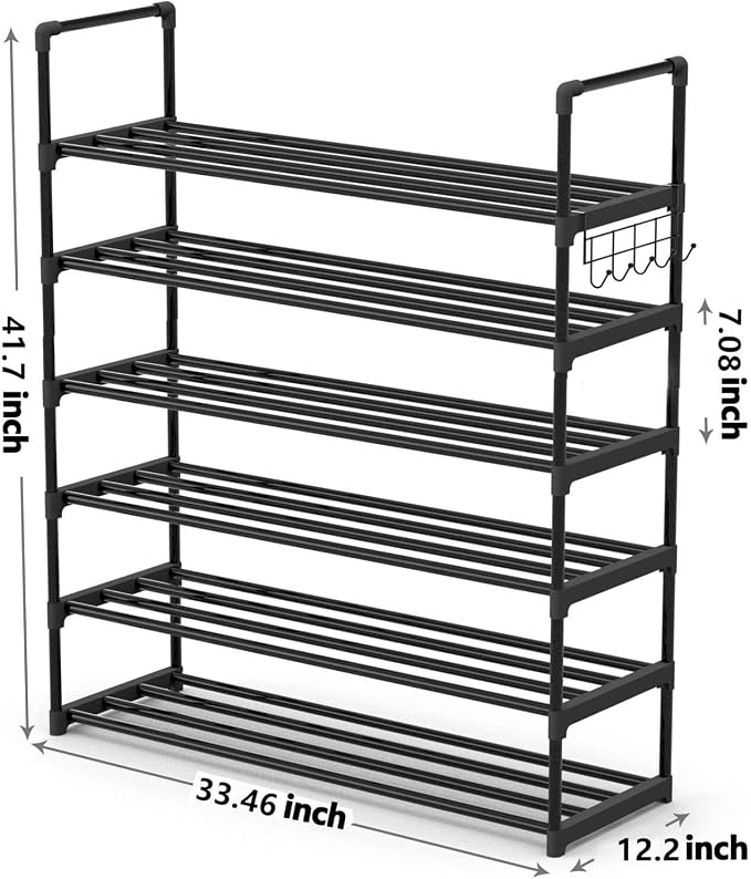 Hsscblet 6 Tiers Metal Shoe Rack,Adjustable Shoe Shelf Storage Organizer with Hooks,Stackable Boot & Shoe Storage,for Entryway,Hallway,Closet,Black - Image 3