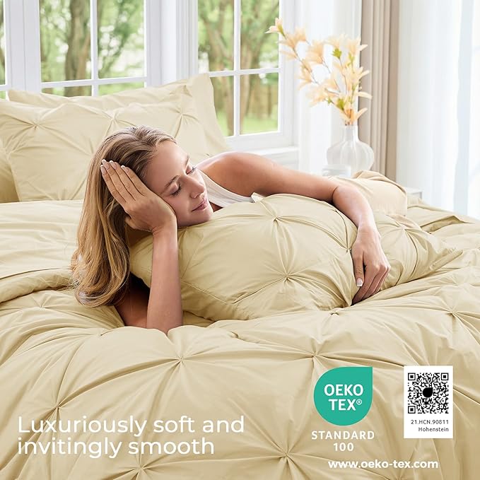 Sasttie California King Comforter Set, 7-Piece Bed in a Bag, Pintuck Bedding Sets for All Season, Includes Comforter, Flat Sheet, Fitted Sheet, Pillowcases and Pillowshams, Pale Yellow