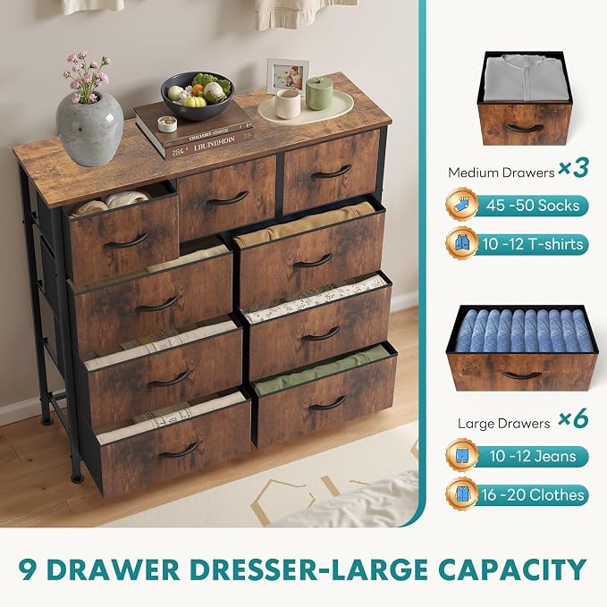 OLIXIS Dresser for Bedroom, 9 Storage Drawers, Wide Fabric Closet Chests Organizer Tower Furniture, TV Stand with Wooden Top Metal Frame for Clothes, Living Room, Hallway, Entryway, Rustic Brown - Image 6