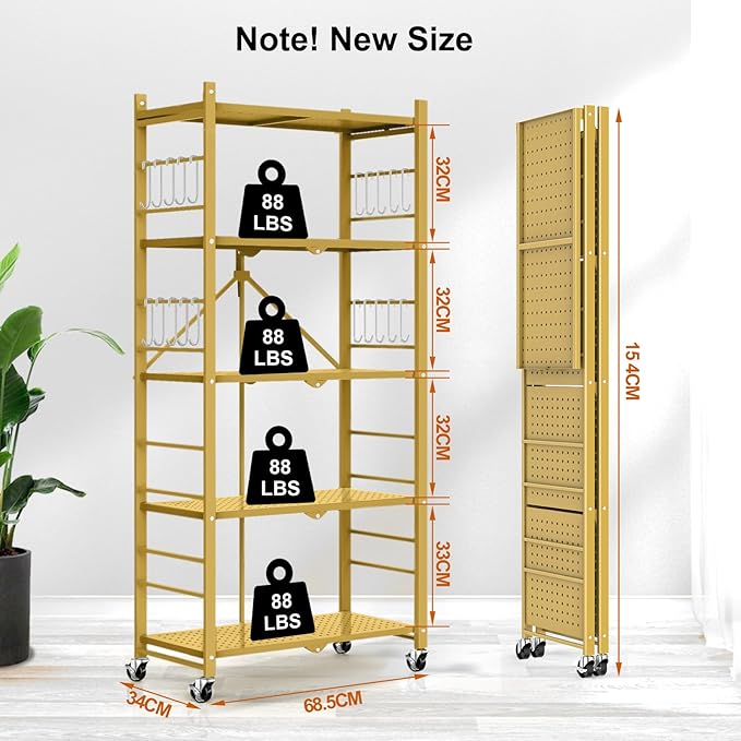 Himix Storage Shelves with 20 Hooks, 5-Tier Foldable Shelves for Storage, Folding Shelf Unit Pantry Shelves with Wheels, Standing Shelving Unit for Kitchen Garage Home Office Room Greenhouse, Gold - Image 3