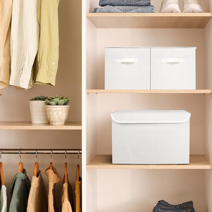 Bagnizer Large 22 Quart Linen Fabric Foldable Storage Bin Cube Organizer Basket with Flip-Top Lid & Handles, Clothes Blanket Box for Home, Office, Closet, White, 4 Pack 14.6 x 9.5 x 9.5” - Image 6