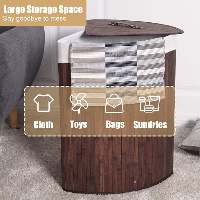 GOFLAME Corner Bamboo Laundry Hamper with Lid and Removable Liner, Washing Clothes Basket Storage Bin with Handle, Suitable for Bedroom, Bathroom, Laundry (Brown) - Image 6