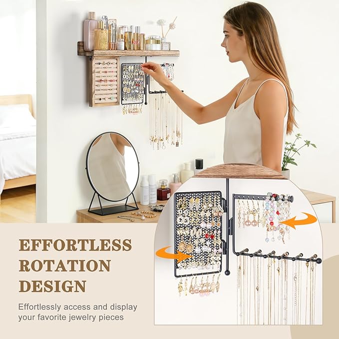SOLIMINTR Hanging Jewelry Organizer Wall Mount with Rustic Wood Shelf, Ring Display Box, Ear Studs Earring Holder, Rotating Necklace Holder Organizer - Image 3
