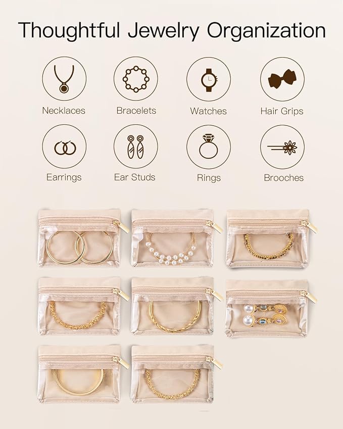 VLANDO Jewelry Travel Case,Travel Jewelry Organizer with Clear Velvet Jewelry Bags 8Pcs Zipper Pouch for Women Girl Gift-Green - Image 8