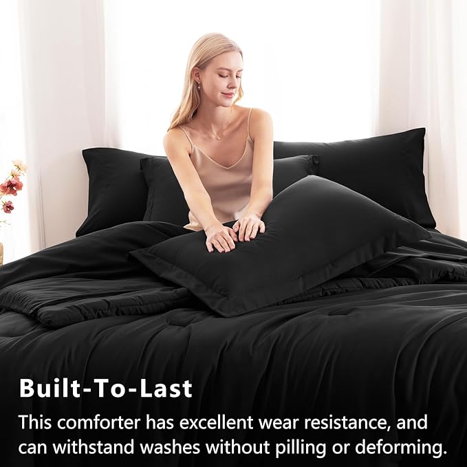 CozyLux California King Comforter Set Black, 7 Pieces Cal King Bed in a Bag Bed Comforter Set with Sheets, Luxury Soft Bedding Sets with Down Alternative Comforter, Sheets, Pillowcases & Shams