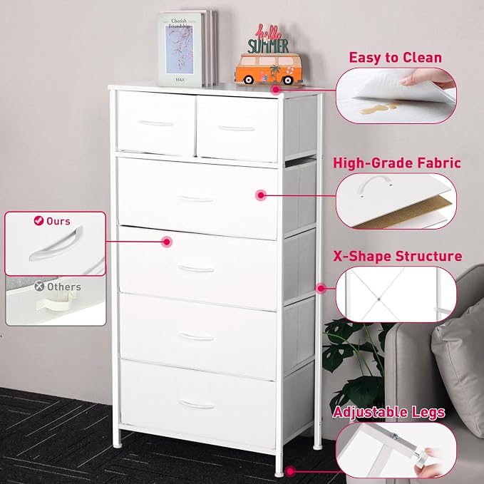 Mifuro Tall Dresser for Bedroom, Vertical Storage Organizer Tower with 6 Drawers, Chest of Drawers with Fabric Bins, Steel Frame, Wood Top for Bedroom, Closet, Entryway- White - Image 8