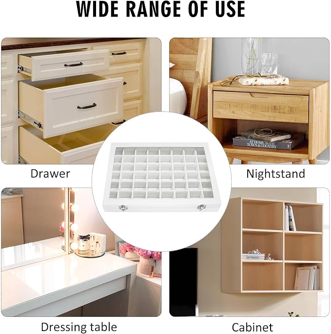 Siveit Velvet Jewelry Tray 48 Grid Jewelry Display Tray Organizer Box with Transparent Lid Rings Earrings Necklaces Pendants Display Box Suitable for Women and Girls (Ivory) - Image 7