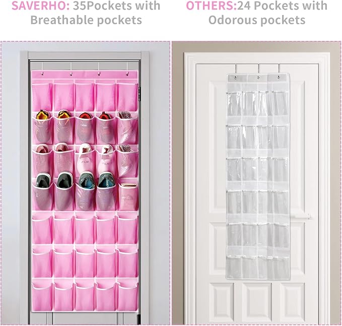 SAVERHO 35 Pockets Over the Door Shoe Organizer, Hanging Shoe Organizer for Door with 35 Mesh Pockets Large Capacity Shoe Hanging Storage Bag with 4 Metal Hooks (Pink-1Pack) - Image 6