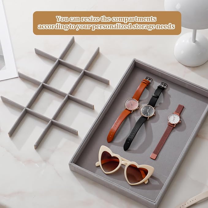 Large Velvet Jewelry Tray 2 Pack Stackable Jewelry Display Drawer Inserts Trays Organizer for Earring Bracelet Necklace Ring (Gray, 12 Grids) - Image 4