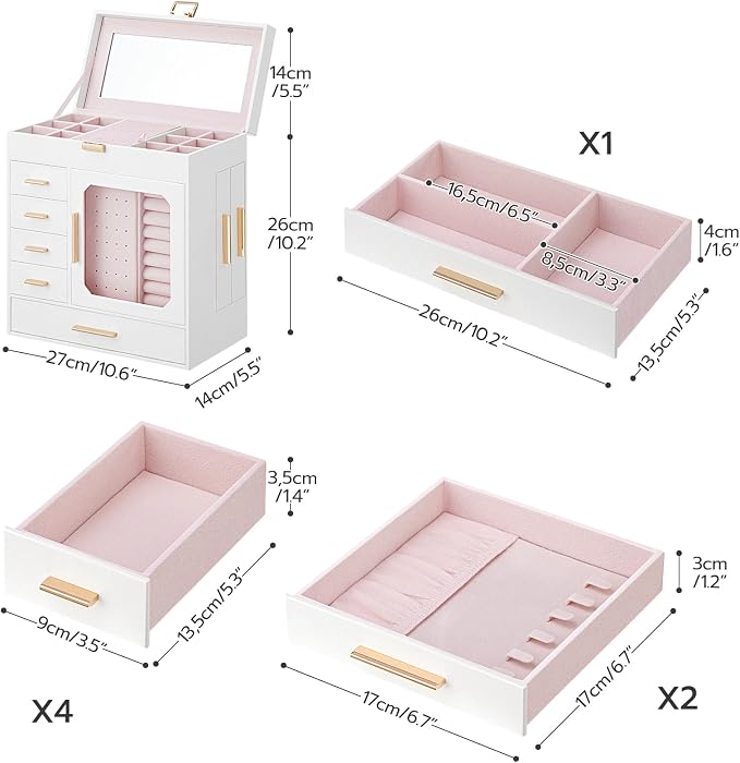 HOOBRO Jewelry Box with Mirror, Jewelry Organizer Box with Capacious Storage Space, Vertical Storage, Glass Cover, Modern Style, White and Light Gold WT06JB04G1 - Image 7