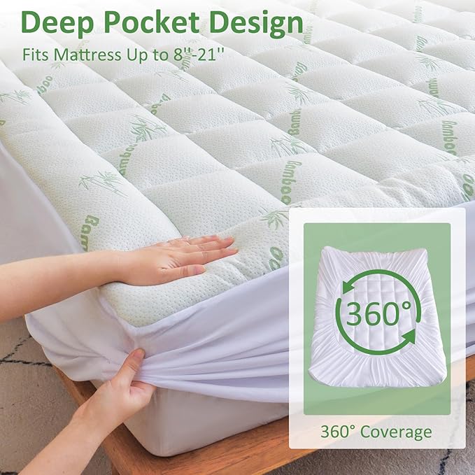 Bioeartha Cooling Mattress Topper Full – Extra Soft Pillow Top Mattress Pad, Breathable Viscose Made from Bamboo Mattress Protector for Back Pain Relief, Deep Pocket Cover Fits 8–21 Inch