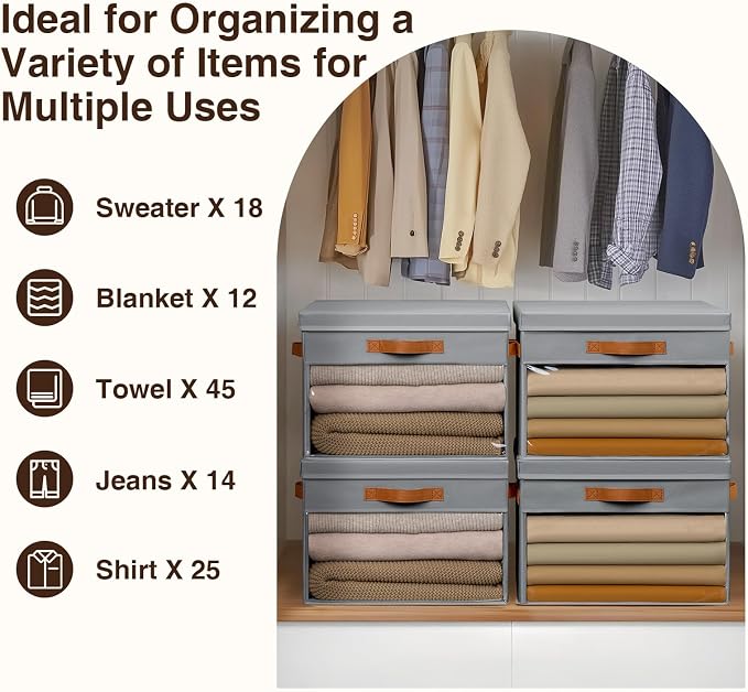 Homsorout Large Storage Bins with Lids - 4 Pack Foldable Decorative Organizers with Clear Windows & Handles, Cube Storage Organizers for Clothes, Blankets, Sweaters, Sheets, Grey - Image 4
