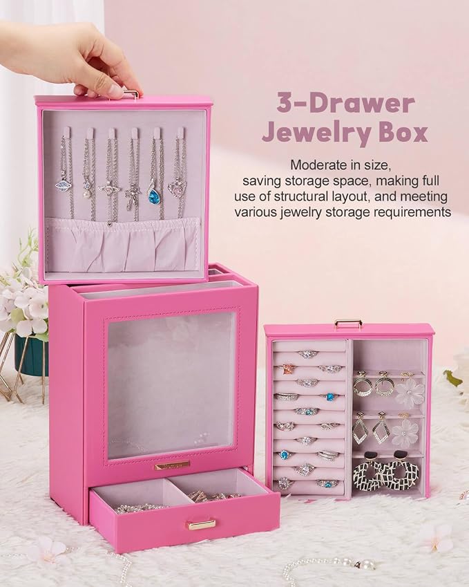 Homde Mothers Day Gifts Jewelry Organizer Girls Women Jewelry Box for Necklaces Rings Earrings Gift Bracelets Storage Case(Pink + Gold) - Image 8