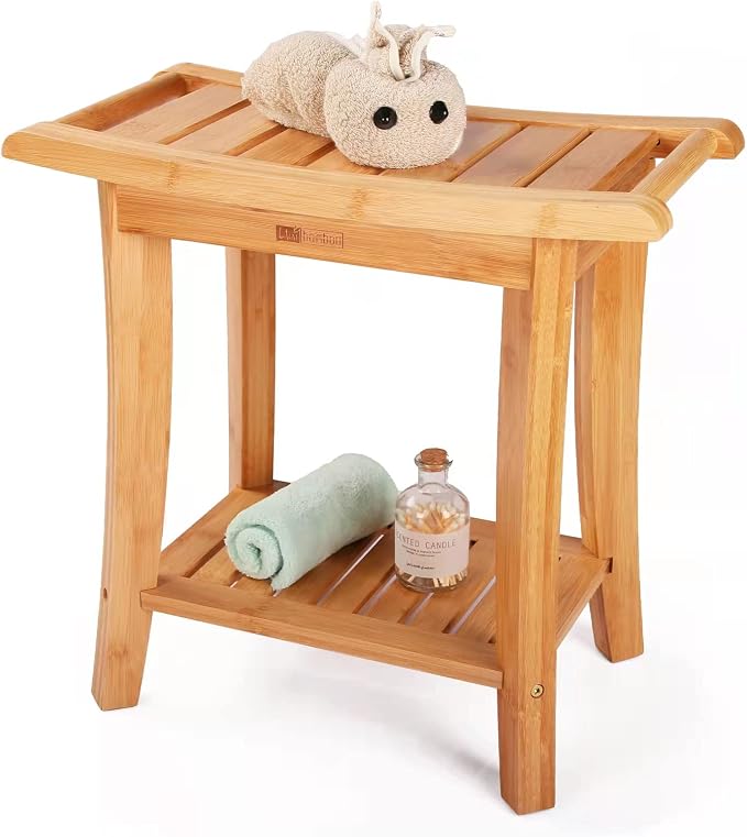 Unibambou Bamboo Shower Bench with Storage Shelf, Wooden Spa Bath Deluxe Organizer Shower Stool for Inside Shower, Bathroom Bench Seat for Adults Elderly Seniors for Indoor or Outdoor Use by Unibambou