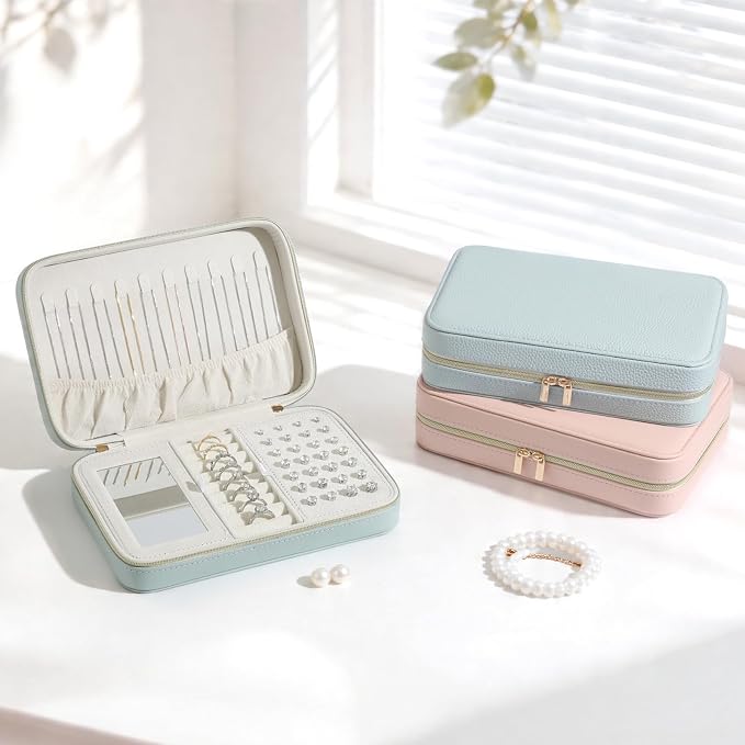 Genuine Leather Travel Jewelry Organizer Case Box with Mirror for Women, Small Mini Portable Jewelry Box for Ring Earrings Necklace Bracelet Luxury Gift for Women（Dark Green） - Image 7