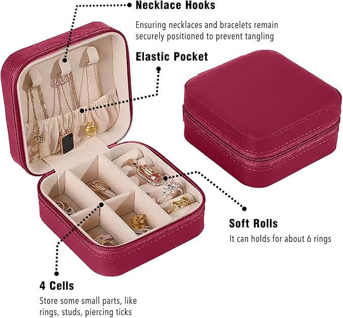Small Travel Jewelry Box, Portable Mini Jewelry Leather Box Jewelry Ring Organizer Case Storage Holder Gift Boxes for Girls Women, Burgundy - Image 3