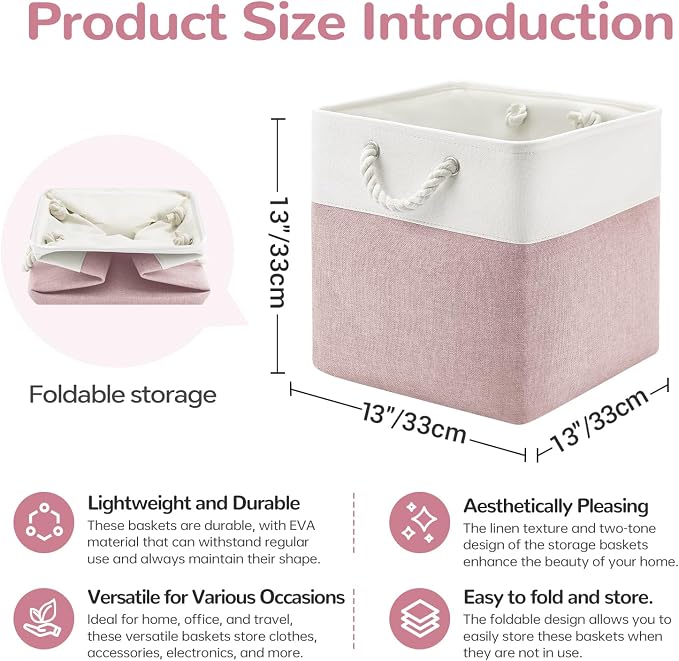 13 x 13 Inch Cube Storage Bins, 6 Pack Fabric Storage Basket with Handles, Foldable Boxes Organizer for Shelf Baskets for Home, Clothes (White/Pink) - Image 5