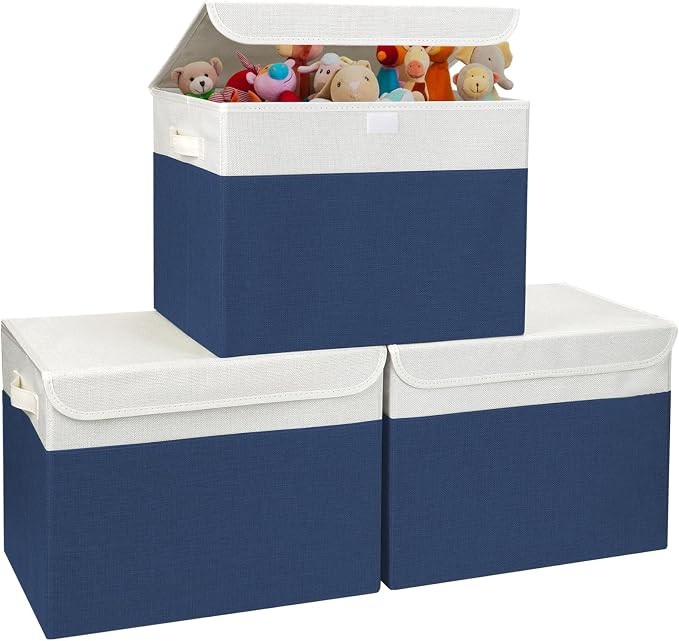 Large 17" 42 Quarts Collapsible Stackable Storage Bins with Lids [3-Pack] Foldable Fabric Linen Storage Boxes Cube, Closet Organizer Baskets with Label for Home (16.7 x 12 x 12", Navy Blue & White) by Bagnizer