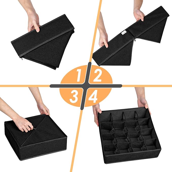 Criusia 3 Pack Sock Underwear Organizer Dividers, 64 Cell Fabric Foldable Cabinet Closet Organizers and Storage Boxes for Storing Socks, Underwear, Ties (16+24+24 Cell, Black) - Image 6