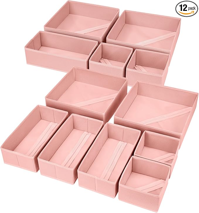 DIMJ Fabric Drawer Organizer Bins - 12 Pack Foldable Sock & Clothes Organizer - Pink by DiMJ