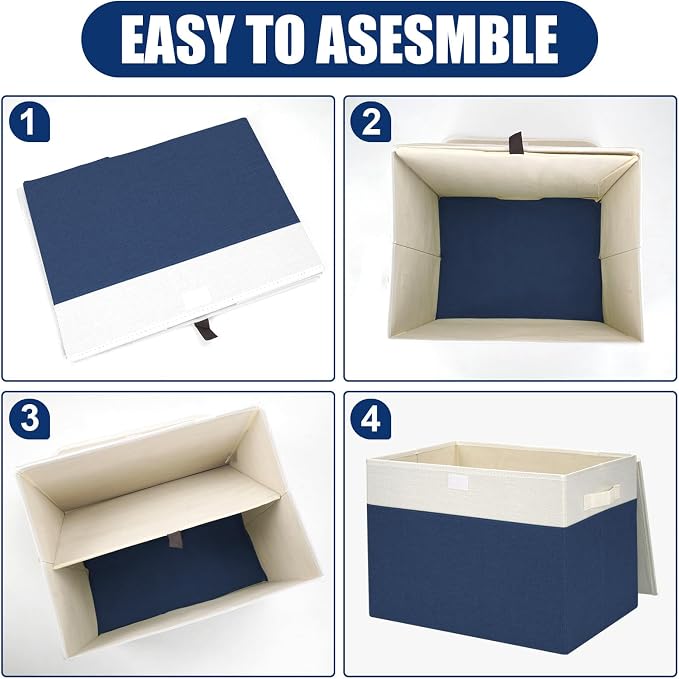 Large 17" 42 Quarts Collapsible Stackable Storage Bins with Lids [3-Pack] Foldable Fabric Linen Storage Boxes Cube, Closet Organizer Baskets with Label for Home (16.7 x 12 x 12", Navy Blue & White) - Image 3