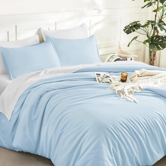 Litanika Comforters Light Blue Full Size, 3 Pieces Lightweight Solid Bedding Comforter Set, All Season Fluffy Bed Set (79x90In Comforter & 2 Pillowcases)