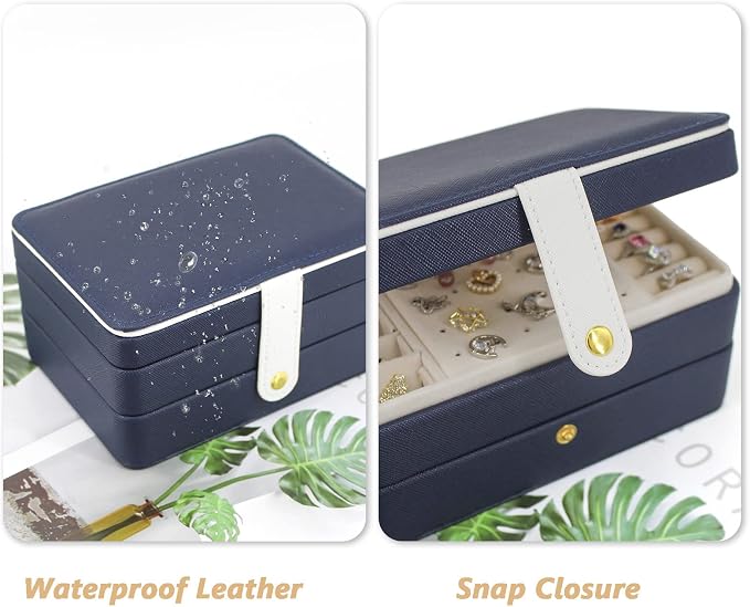 KOOAAICCHI Small Jewelry Box, Travel Jewelry Organizer, Portable Jewelry boxes for Women Girls Gift, Double Layers PU Leather Jewelry Holder for Rings, Earrings, Necklaces-Blue - Image 2