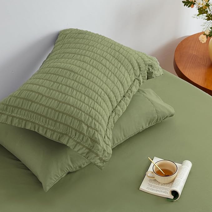Love's cabin Seersucker Sage Green Twin XL Comforter Set, 5-Piece All Season Lightweight Bed in a Bag Bedding Set with Comforter, Flat Sheet, Fitted Sheet, Pillowcase and Sham | Soft, Breathable, Lightweight