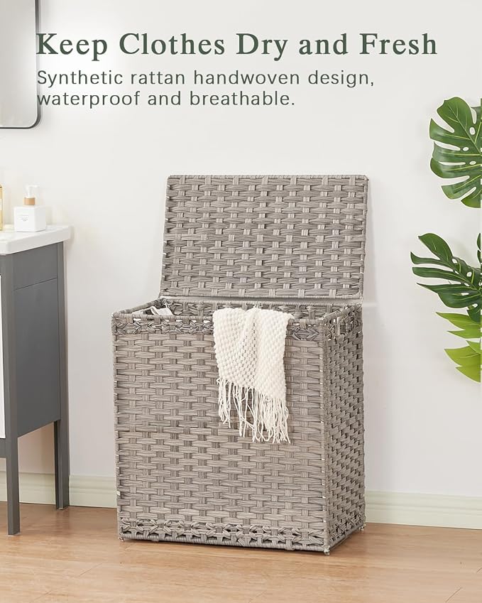SETVSON Laundry Hamper with Lid Wicker Laundry Basket 112 L (29.6 Gal) Laundry Hampers Handwoven Rattan Clothes Hamper with Handles 3 Removable Liner Bag, 6 Mesh Bags for Bathroom Bedroom Gray - Image 2