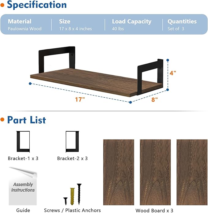 Harwaya Floating Book Shelves for Wall Set of 3, 17 x 8 Inch Deep Wooden Wall Bookshelf for Bedroom Office, Rustic Wood Hanging Wall Shelves for Living Room Kitchen (Dark Brown) - Image 3