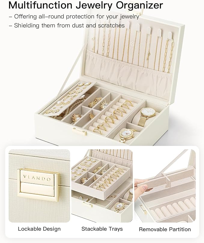 Vlando Jewelry Organizer,2 Layer Jewelry Box Large Jewelry Organizer for Women Removable Jewelery Tray with Watch Pillow for Necklace Earrings Rings Bracelets(Cream White) - Image 6
