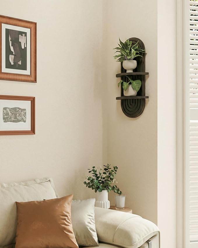 Bamworld Boho Wall Decor Plant Wall Shelf Mid Century Modern Decor Hanging Plant Shelf 2-Tier Wooden Floating Shelves for Home Bathroom Bedroom Living Room Office Holding Planter Decoration Walnut - Image 6