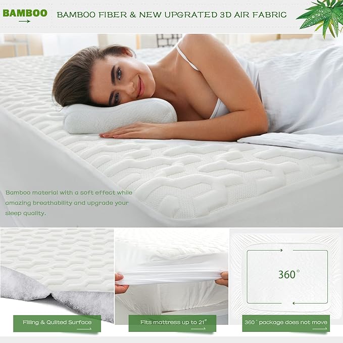 GRT Full Size Waterproof Mattress Protector Rayon Bamboo - 3D Air Fiber Cooling Mattress Protector Cover, Breathable Mattress Pad Noiseless 8''-21'' Deep Pocket Machine Washable