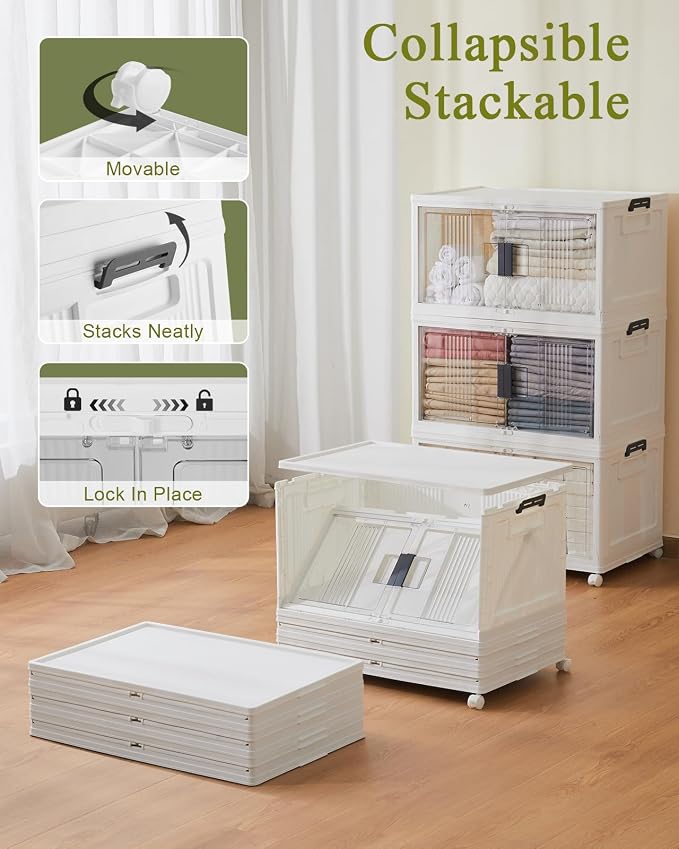 OlarHike 76QT Lockable Storage Bins with Lids - Folding Storage box with Doors and Wheels, Collapsible Plastic Bins for Closets, Office, Stackable Organizer and Containers, Gifts, 3 Pack Cubes - Image 3