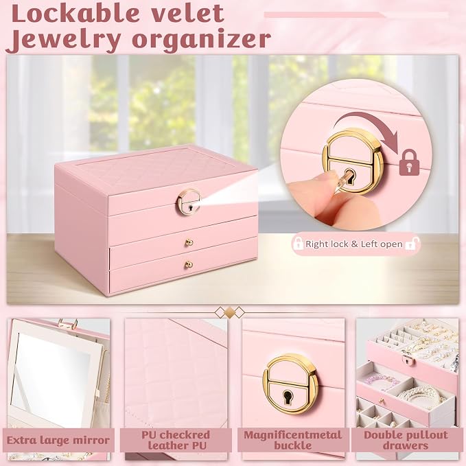 3 Layer Jewelry Boxes Large Jewelry Holder Organizer Case with 2 Jewelry Organizer Drawer PU Necklace Organizer Lockable Upgrade Mirror Gifts for Women, Pink - Image 3