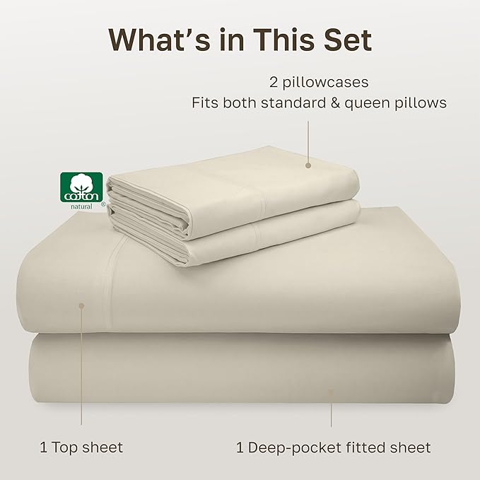California Design Den Queen Size Sheet Set - Luxury 600 Thread Count Sateen, 100% Cotton Sheets, Deep Pockets, All Around Elastic for a Snug Fit, Durable Bedding Set - Ivory (Warm Cream)
